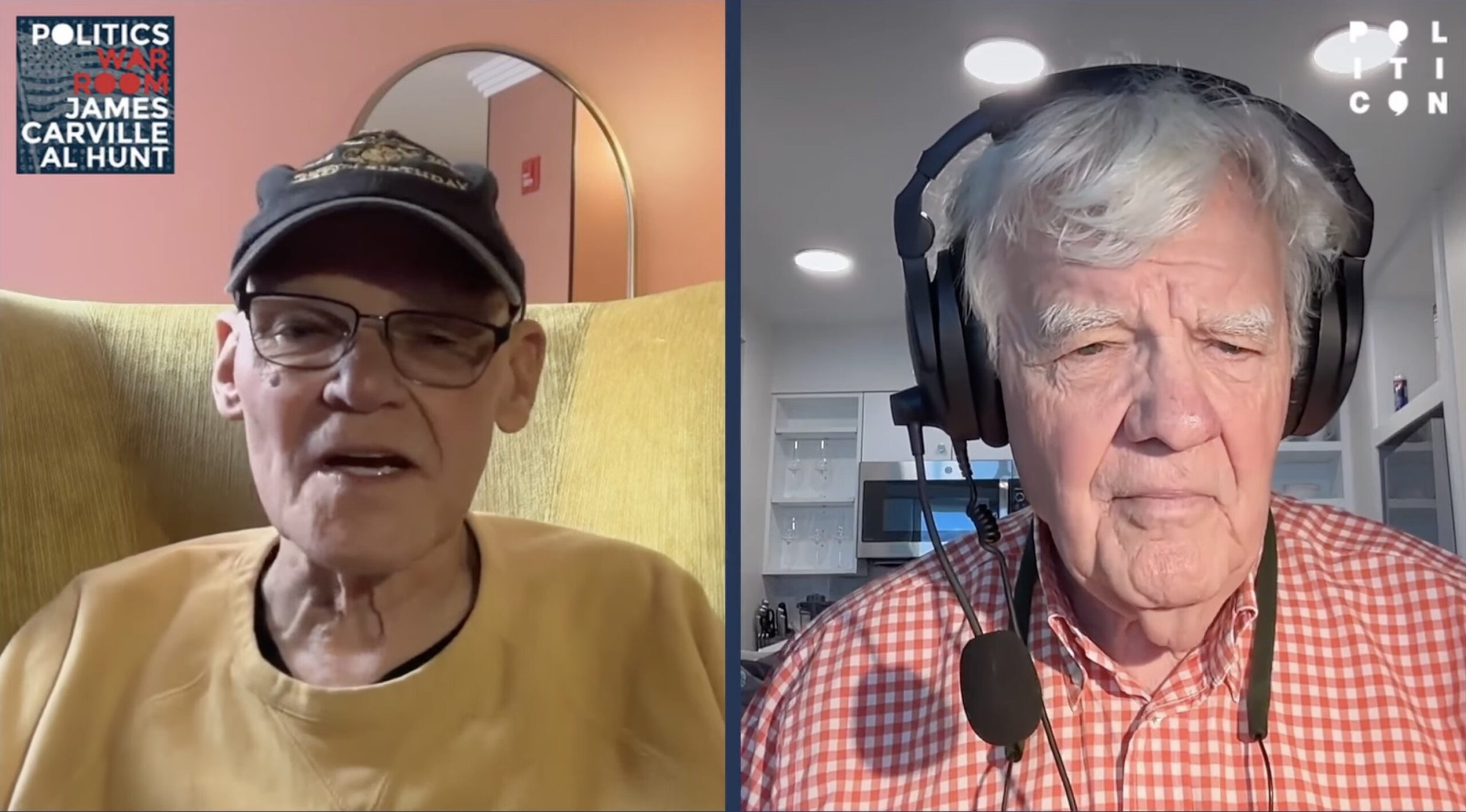 James Carville and Al Hunt discuss political topics during a virtual interview, showcasing their insights in a split-screen format.